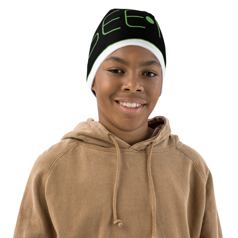 Another Beanie That's So Cool, Your Child's Smile Will Span The Universe. SEE-MORE Alien-Green on Black, White Kids Beanie