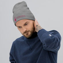 Load image into Gallery viewer, SEE-MORE Embroidered Beanie Pink on Grey and White
