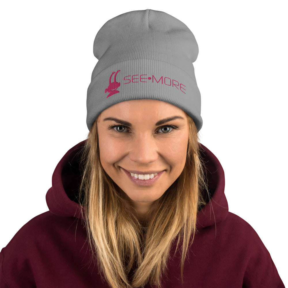 SEE-MORE Embroidered Beanie Pink on Grey and White