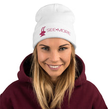 Load image into Gallery viewer, SEE-MORE Embroidered Beanie Pink on Grey and White
