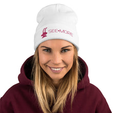 Load image into Gallery viewer, SEE-MORE Embroidered Beanie Pink on Grey and White