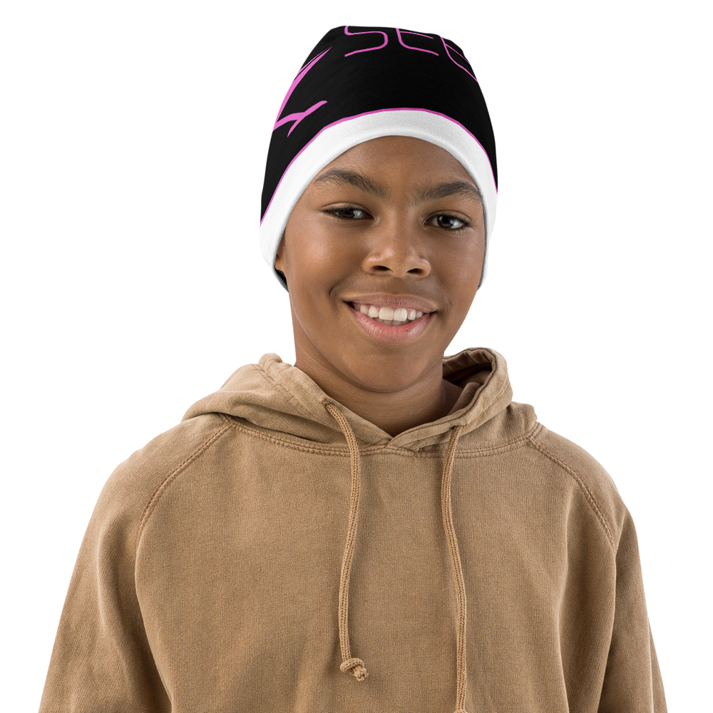 SEE-MORE Pink-on-Black Kids Beanie